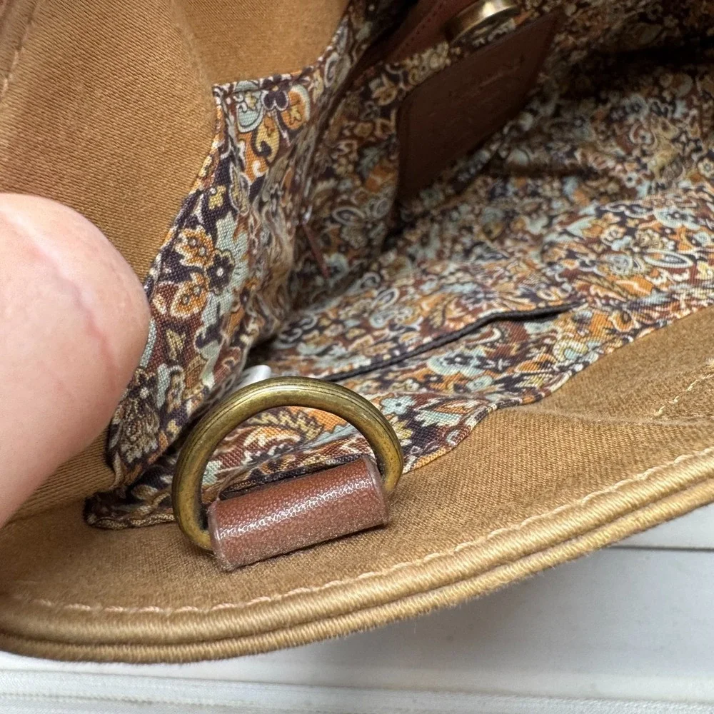 Fossil Canvas Handbag Leather Trim Circle Ring Handles Boho Hobo Wood Key